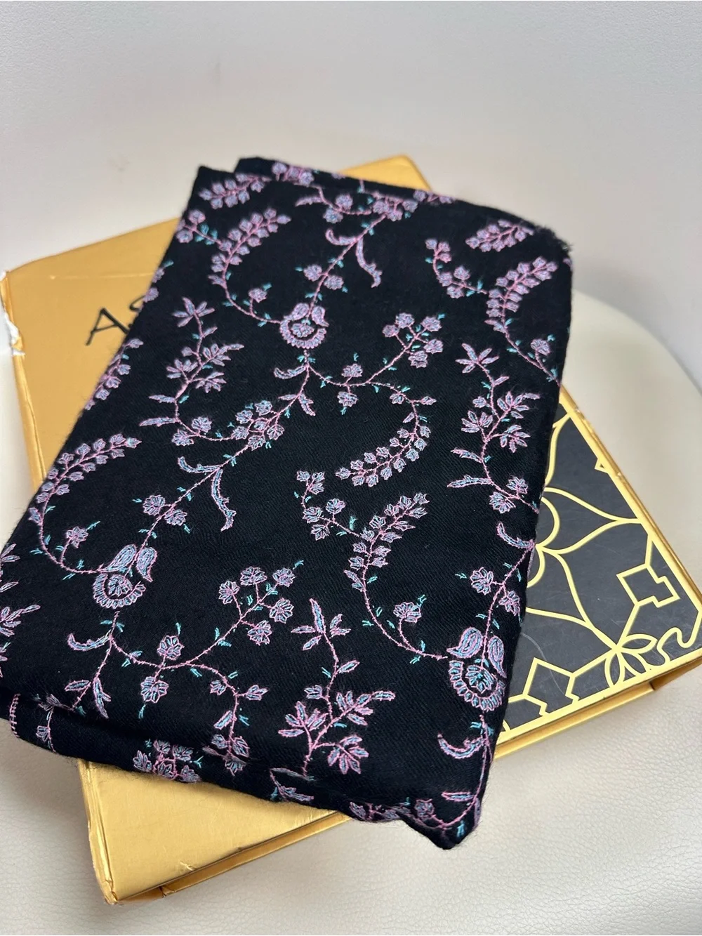 Black Floral Embroidered Scarf